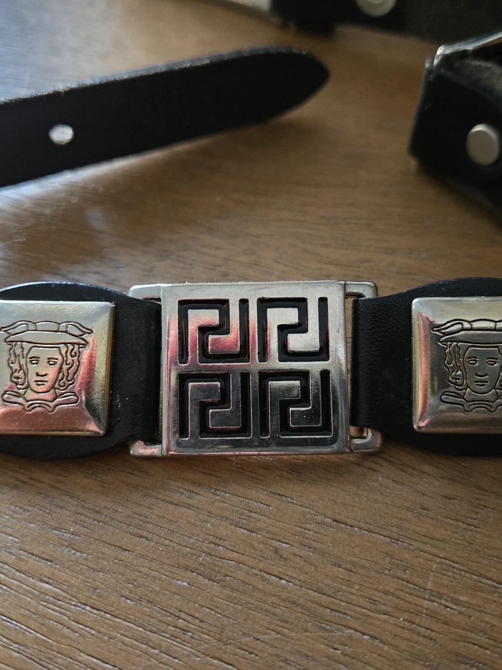 Black Leather Belt with Silver Medusa Accent